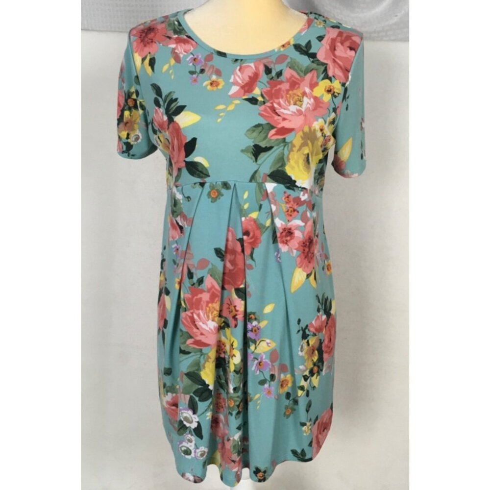 My Bump Luke 2:40 Dress Women Size XL Blue w Pink Yellow Flowers Pleated Waist - Picture 1 of 11